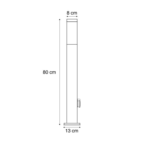 Technische Zeichnung einer Pollerleuchte mit Maßen: Höhe 80 Zentimeter, Breite oben 8 Zentimeter und Breite der Basis 13 Zentimeter.