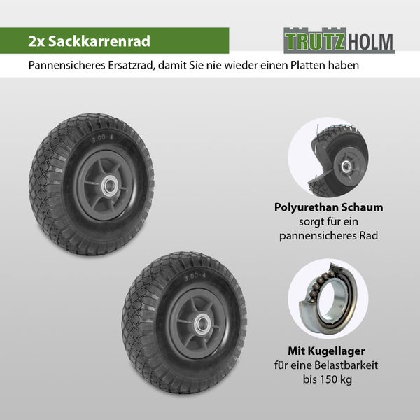 Set aus zwei pannensicheren Sackkarrenrädern mit Polyurethan Schaum und Kugellager für 150 Kilogramm Belastbarkeit von Trutzholm