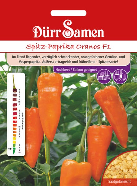 Dürr Samen Logo auf Samentüte für Spitz-Paprika Oranos F1, Abbildung orangefarbener Paprika, Schärfeskala, für Balkon und Hochbeet geeignet.