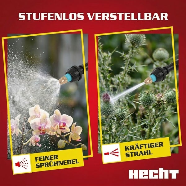 Drucksprüher mit stufenlos verstellbarer Düse zeigt feinen Sprühnebel auf Orchideen und kräftigen Strahl auf Disteln. HECHT Logo.