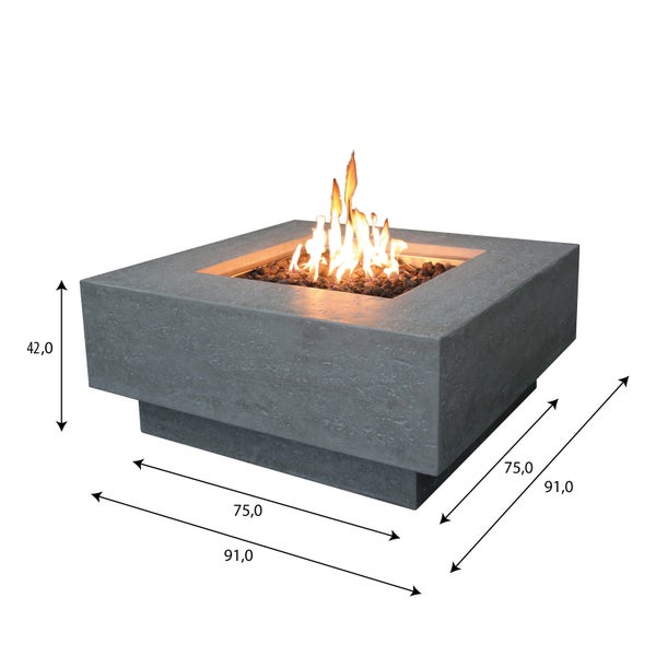 Quadratische Gas-Feuerstelle in Betonoptik mit Flammen und Maßangaben: Höhe 42,0, Breite 91,0 und Sockelbreite 75,0.