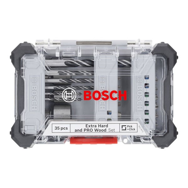 Bosch Logo, 35-teiliges Extra Hard und Pro Holzbohrer Set in transparenter Kunststoffbox