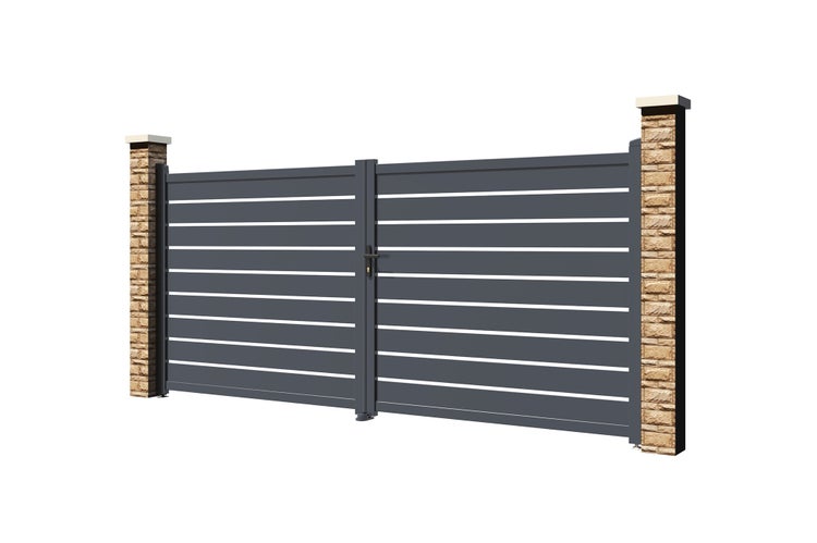 Doppelflügeltor mit horizontalen Lamellen und Mauerwerksäulen