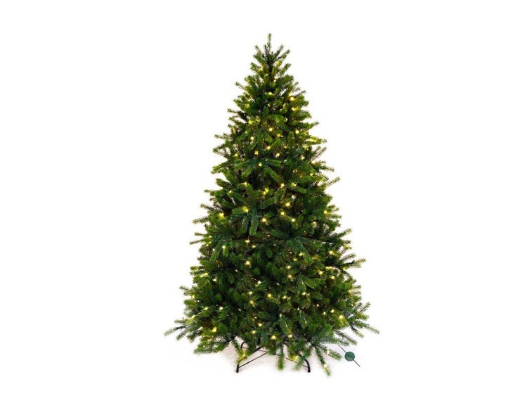 Künstlicher Weihnachtsbaum mit integrierter Lichterkette auf einem Metallständer