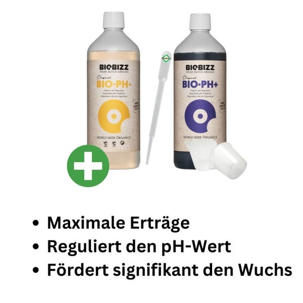 BioBizz pH-Minus & Plus Set – 100 % Biologischer pH-Regulator für perfektes Pflanzenwachstum & maximale Erträge – inkl. Pipette & Messbecher