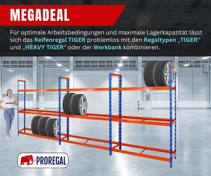Industriereifenregal mit blauem und orangefarbenem Metallgestell in heller Lagerhalle, Reifen und Person als Größenvergleich. Proregal Logo.
