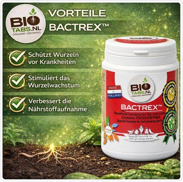 BioTabs.nl Logo, Bactrex Bodenhilfsstoff in Dose auf Erde mit Pflanze. Schützt Wurzeln, fördert Wachstum und verbessert Nährstoffaufnahme.