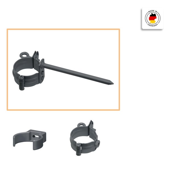 Fallrohrschelle mit Einschlagstift in Anthrazit für die Dachentwässerung, inklusive Siegel Made in Germany.