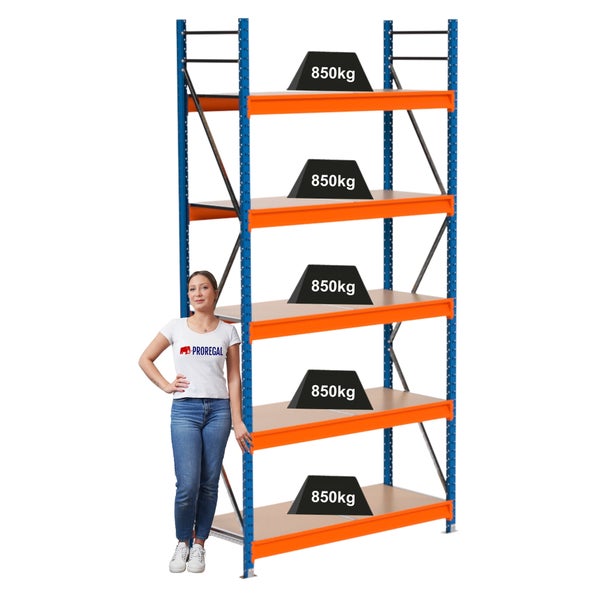 Lagerregal mit fünf Ebenen und einer Traglast von 850 Kilogramm pro Ebene, daneben steht eine Frau