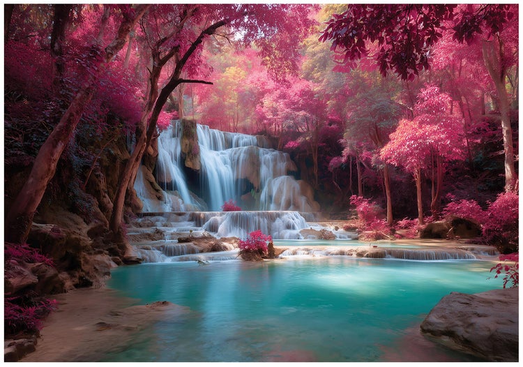 Mehrstufiger Wasserfall in einem Wald mit rosa Blättern, der in ein türkisfarbenes Becken fließt.