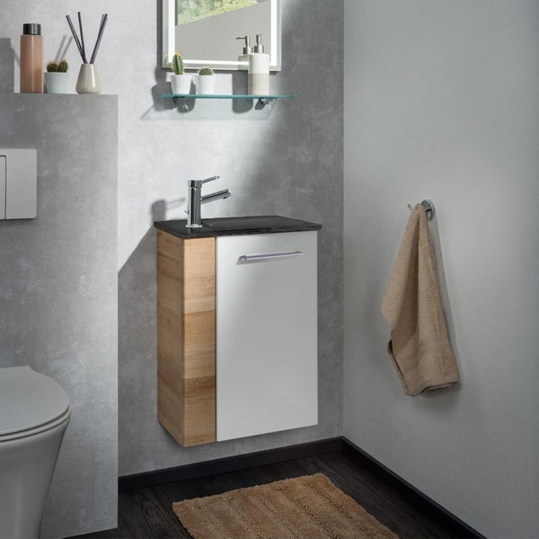 Fackelmann MILANO Gäste-WC Set 2 Teile – Waschtischunterschrank in Weiß mit Holz Braun mit Waschbecken aus Glas in Anthrazit – SBC Waschbeckenunterschrank schmal – Türanschlag rechts – 45 cm breit
