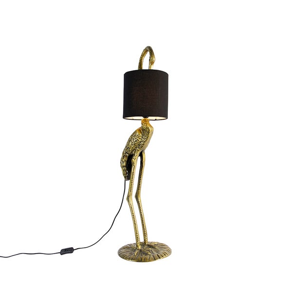 QAZQA - Landhaus I Vintage Vintage Stehlampe Messing Stoffschirm schwarz - Kranichvogel I Wohnzimmer I Schlafzimmer - Aluminium Länglich - LED geeignet E27