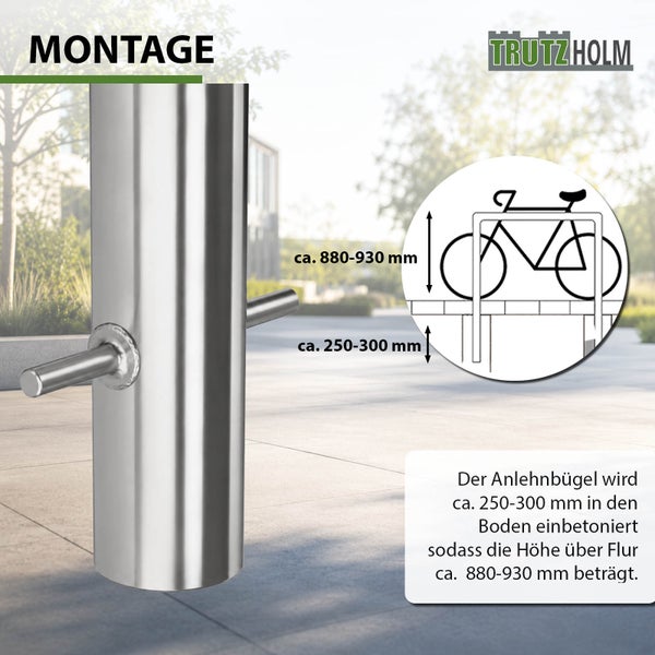 Montageanleitung für einen Trutzholm Fahrradanlehnbügel mit Maßangaben zum Einbetonieren in den Boden.