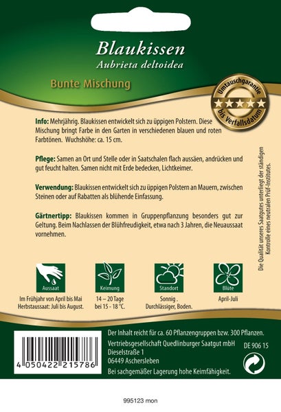 Rückseite der Samentüte für Blaukissen Bunte Mischung mit Anbau- und Pflegehinweisen, Aussaatsymbolen, Barcode und Umtauschgarantie.