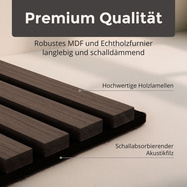 Akustikpaneel mit parallelen Holzlamellen aus MDF und Echtholzfurnier auf schallabsorbierendem Akustikfilz.