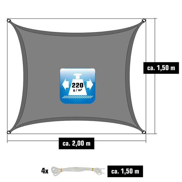 Sonnensegel rechteckig, circa 2,00 mal 1,50 Meter, 220 Gramm pro Quadratmeter, inklusive 4 Seile mit circa 1,50 Meter Länge.