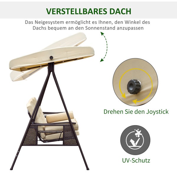 Outsunny 3-Sitzer Hollywoodschaukel Gartenschaukel mit Sonnendach Kissen Metall Polyester Beige+Braun 121 x 208 x 172 cm