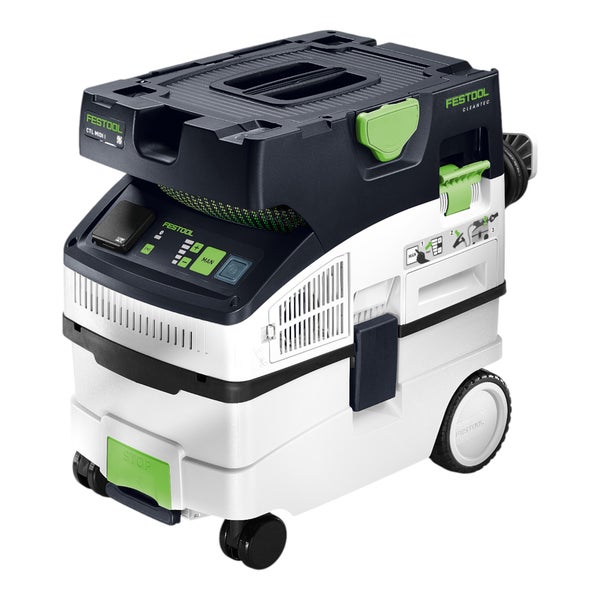 Festool Absaugmobil CTL MIDI I fahrbar mit Bedienfeld zur Saugkraftregulierung und Schlauchdepot.