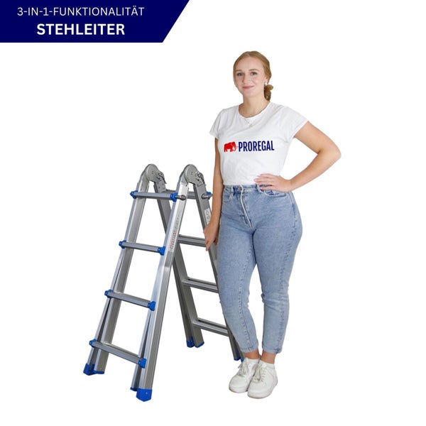 Stehleiter mit 3-in-1-Funktionalität neben einer Frau