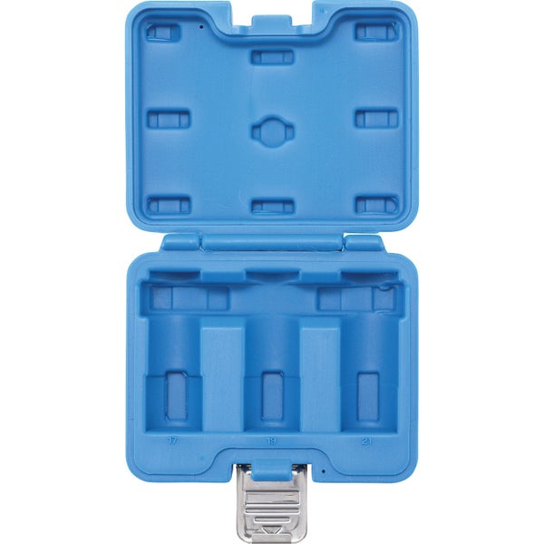 Blauer leerer Werkzeugkoffer aus Kunststoff mit drei Fächern für die Größen 17, 19 und 21 sowie einem Metallverschluss.