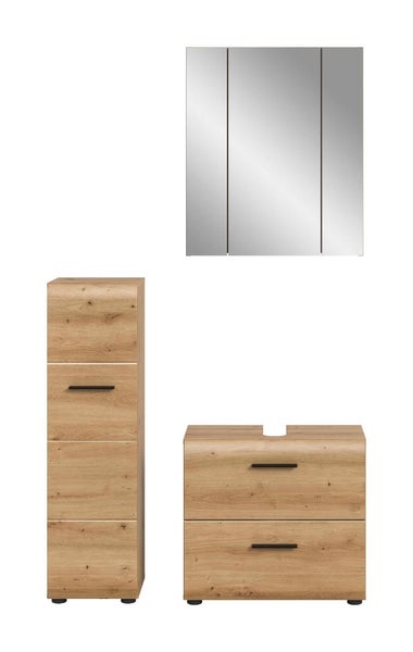 Dreiteiliges Badmöbel-Set in Eichenoptik bestehend aus Spiegelschrank, Hochschrank und Waschbeckenunterschrank mit schwarzen Griffen.