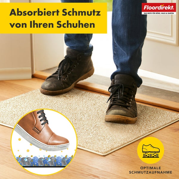 Fußmatte vor einer Tür mit Person, die Schuhe abputzt