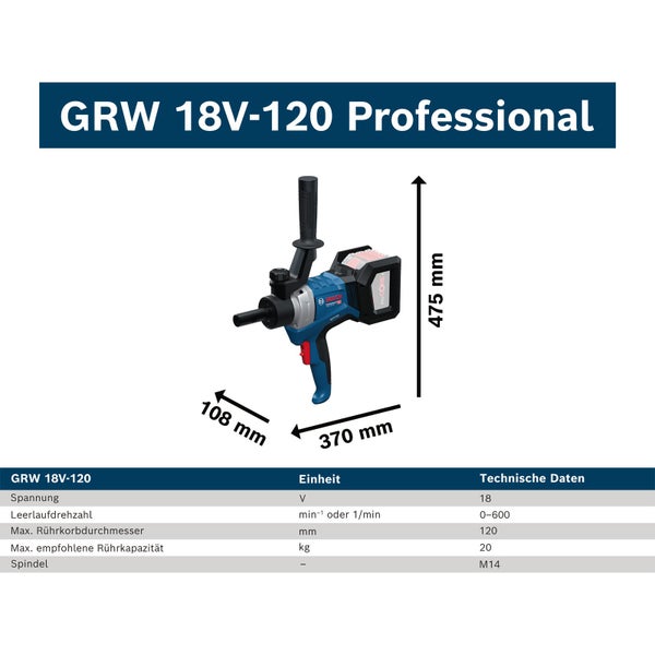 Bosch GRW 18V-120 Professional Akku-Quirl mit Maßangaben