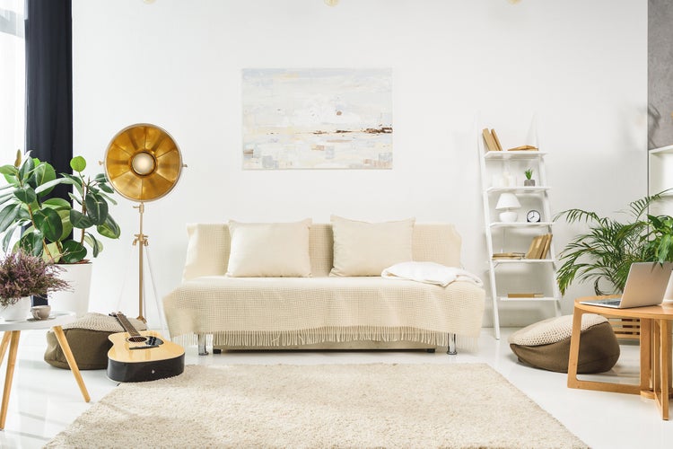 Vintage Industrielampe Stehlampe im Loft Design Studio Look Gold Weiß | Wohnzimmer Esszimmer Leuchte