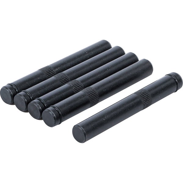 Fünf schwarze Metallstifte mit Rändelung in der Mitte und einer Nut.