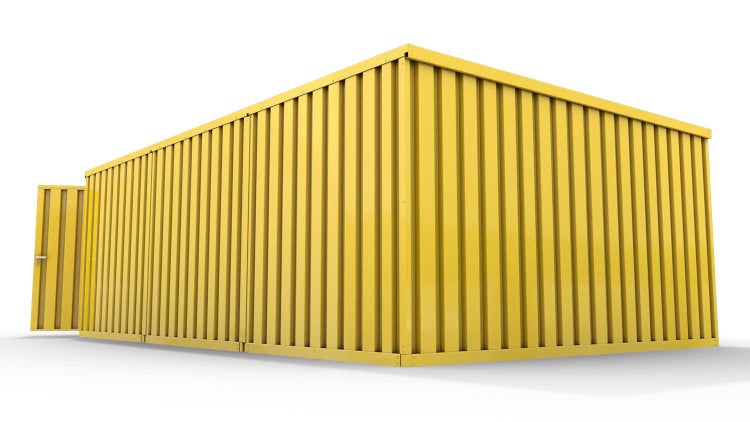 Lagercontainer Gerätehaus XL3  – 32 qm, H2150 x B5080 x T6520 mm, Außenwandlackierung RAL 1003 signalgelb, Dach außen verzinkt, mit Holzfußboden, 2750 mm Doppelflügeltür mittig in Stirnseite, montiert
