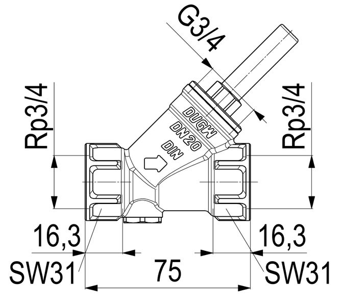 Technische Zeichnung eines Schrägsitzventils mit Maßangaben Rp 3/4 Zoll, Nennweite 20, Gesamtlänge 75 Millimeter und Schlüsselweite 31.