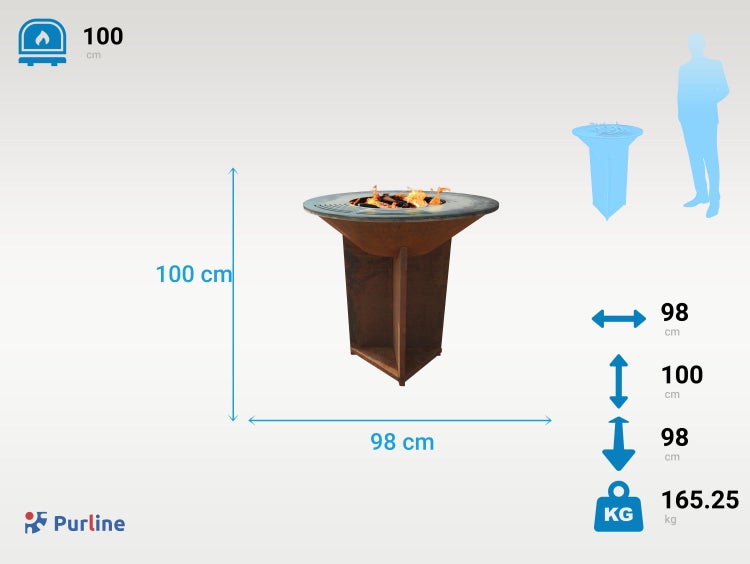 Purline Feuerstelle mit den Maßen 98 x 98 x 100 cm und einem Gewicht von 165,25 kg