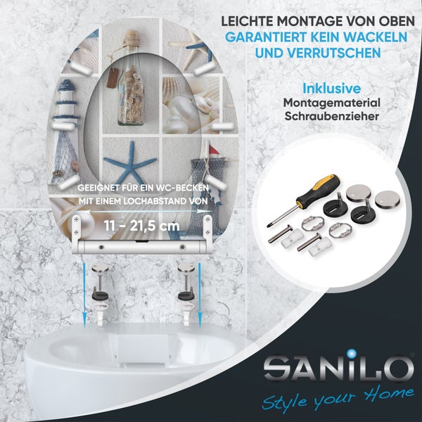 SANILO WC-Sitz mit maritimem Motiv, Leuchtturm, Muscheln, inklusive Montagematerial und Schraubenzieher, Lochabstände von 11 bis 21,5 Zentimeter.