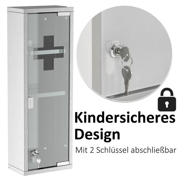 kleankin Medizinschrank Arzneischrank Erste-Hilfe-Schrank mit Schloss 3 Fächer Mattglas 430 Edelstahl+gehärtete Glastür Silber 20 x 12 x 58 cm