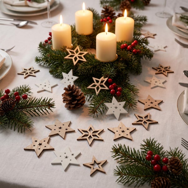 Weihnachtliche Tischdekoration mit Adventskranz, vier Kerzen, Tannenzweigen, Zapfen und verstreuten Holzsternen auf einem hellen Tischtuch.
