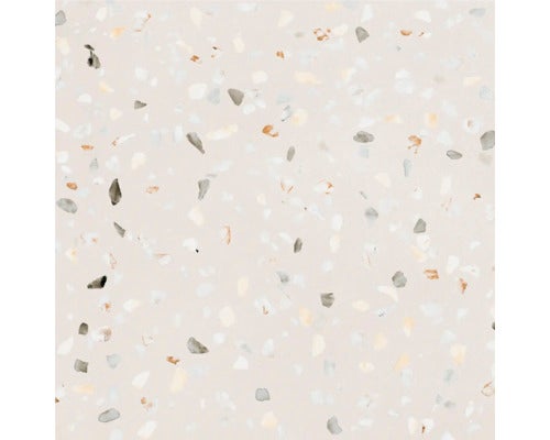 Helle Küche im Landhausstil mit Retro-Kühlschrank und Terrazzoboden