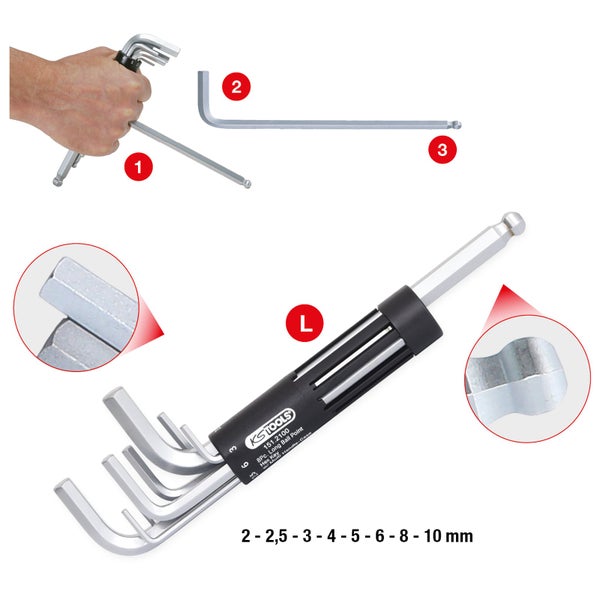 KS Tools Winkelschlüsselsatz Sechskant, 8-teilig, mit Kugelkopf und Kombihalter, Größen 2 bis 10 Millimeter.