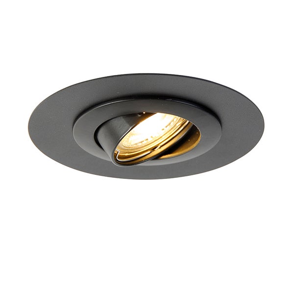 Matt schwarzer runder Einbaustrahler mit schwenkbarem Innenring.