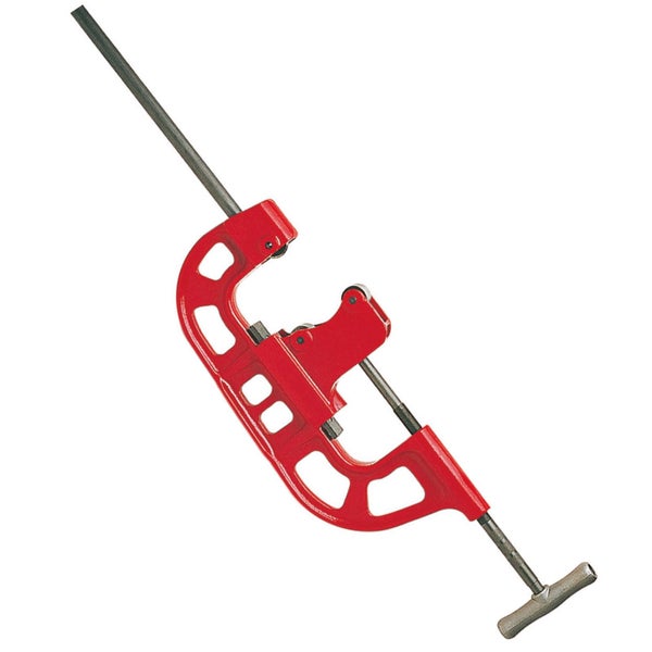 Rohrabschneider aus Metall mit rotem Gehäuse und T-Griff für präzises Trennen von Rohren.