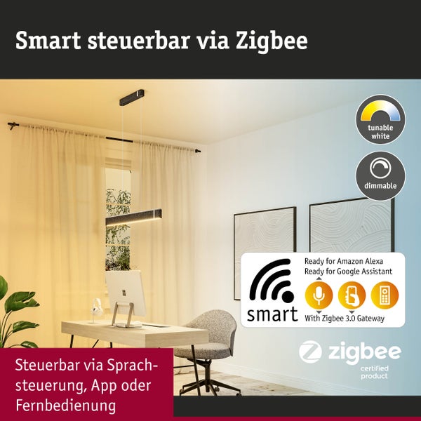 Moderne Pendelleuchte im Arbeitszimmer, steuerbar via Zigbee, App oder Sprachsteuerung, dimmbar mit einstellbarer Farbtemperatur.