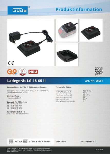 Produktdatenblatt für Güde Ladegerät LG 18-05 II des 18 Volt E3 Akkusystems mit technischen Details, Güde Logo und Produktabbildungen.