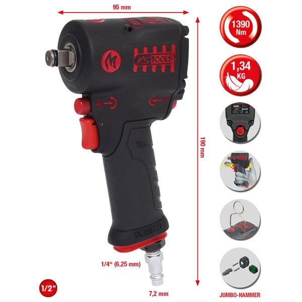 KS Tools Druckluft-Schlagschrauber mit Abmessungen und technischen Daten.