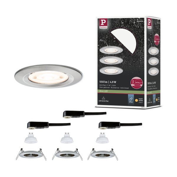 Paulmann LED-Einbaustrahler-Set Nova, 3-flammig, Eisen gebürstet, IP44 spritzwassergeschützt, inklusive GU10 Leuchtmittel, warmweiß.