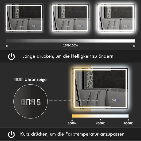 Anzeige verschiedener Helligkeits- und Farbtemperatureinstellungen eines Spiegels mit digitaler Uhr
