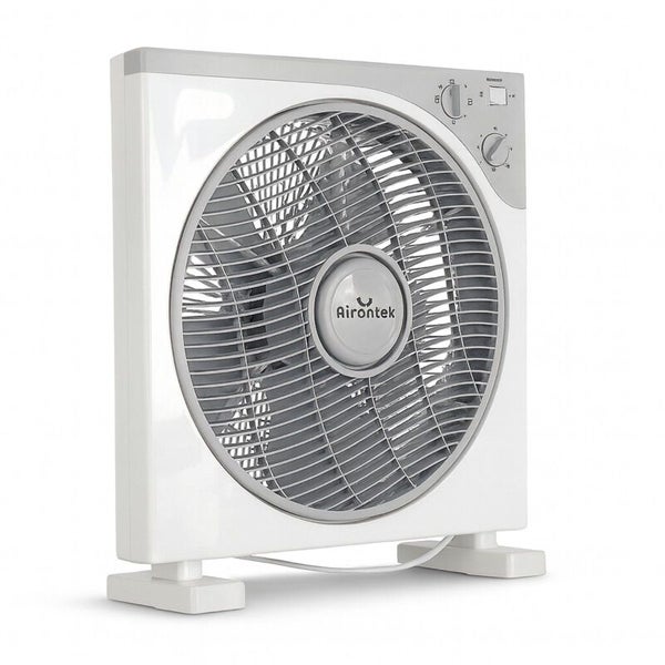 Quadratischer Boxventilator von Airontek aus Kunststoff mit Drehschaltern und Schutzgitter.