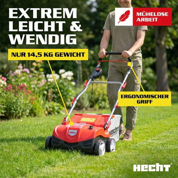 Eine Person benutzt einen roten Hecht Vertikutierer im Garten. Hecht Logo sichtbar.