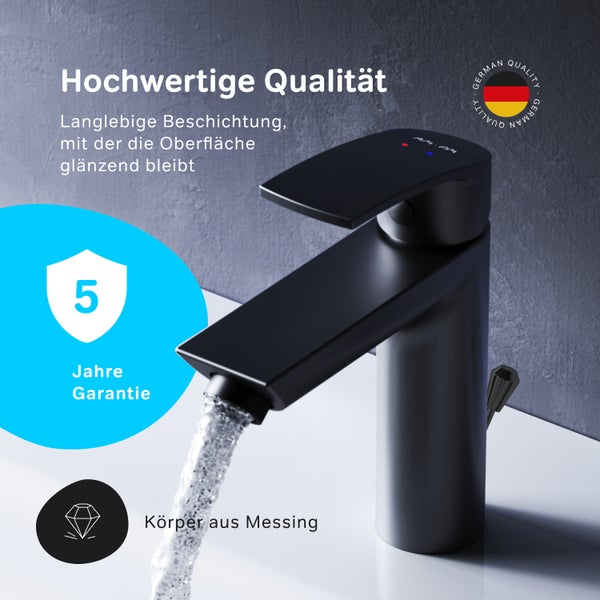 Schwarze Armatur mit fünf Jahren Garantie und German Quality Siegel.