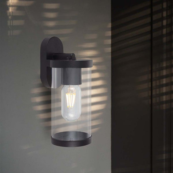 Schwarze Wandleuchte mit klarer Glasabdeckung und Glühbirne