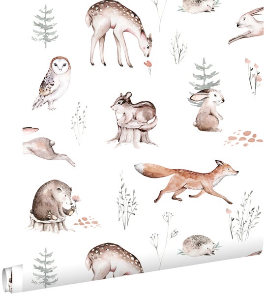 Tapete mit Waldtiermotiv, inklusive Reh, Hase, Fuchs und Eule