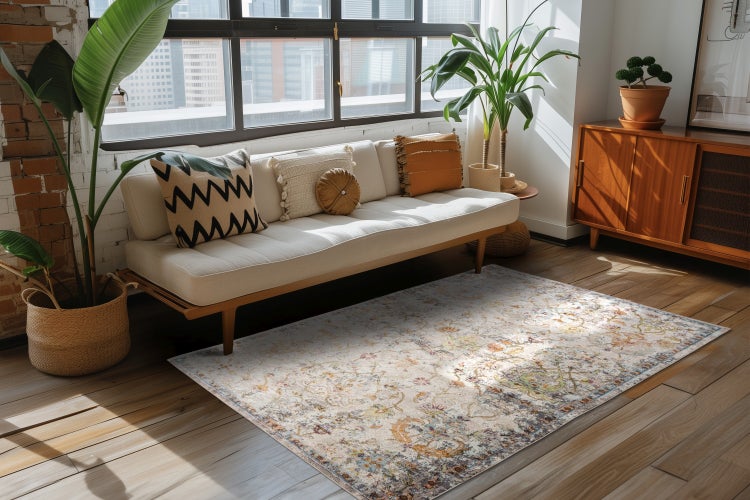 Wohnzimmer mit hellem Sofa, Holzboden und einem Teppich mit florale Muster in einer Einrichtung im modernen Stil mit großen Pflanzen.